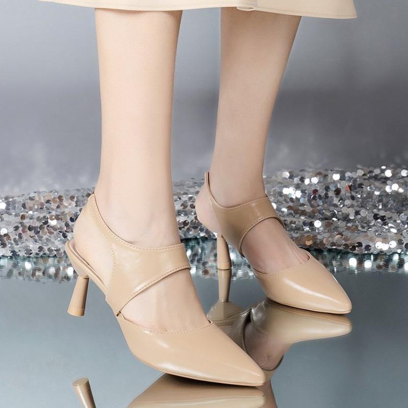 2026 Korean version pointed toe mid heel shallow mouth sandals with back strap low cut women shoes simple  sexy women's sandals