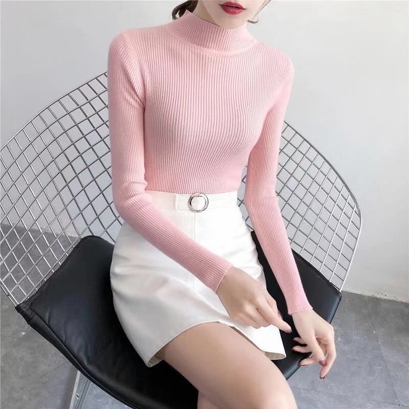 Suéter de cuello alto de otoño e invierno para mujer, Tops Vintage liso básico de punto, Jersey informal ajustado, jerséis simples y elegantes de moda coreana
