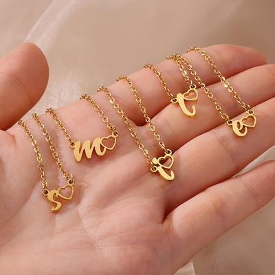 Fashion Initial Pendant Necklace For Women Letter Name Hollow Out Heart Charm Stainless Steel Gold Color Chain Jewelry Gift