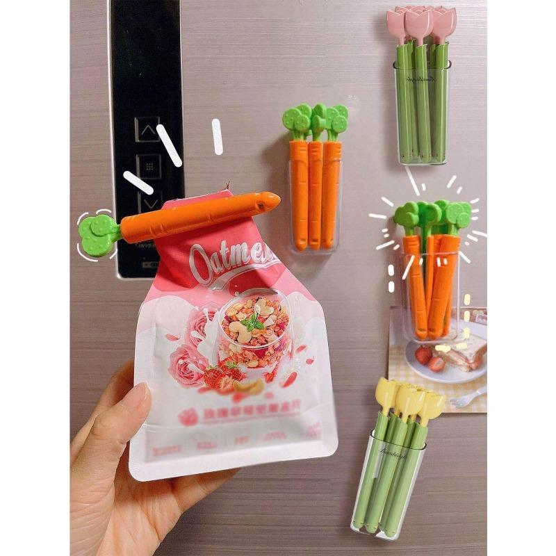 Storage Box Tulip And Carrot Shaped Magnetic Sealing Clips, Food Packaging Clips And Storage Box, Snack Bag Sealing Clip