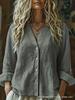 Women's V-Neck Linen Shirt: Casual Loose-Fit Long Sleeve Top for Spring & Autumn.