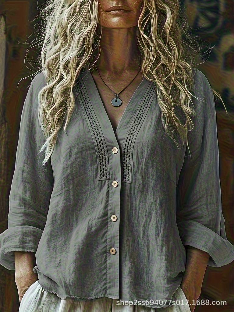 Women's V-Neck Linen Shirt: Casual Loose-Fit Long Sleeve Top for Spring & Autumn.