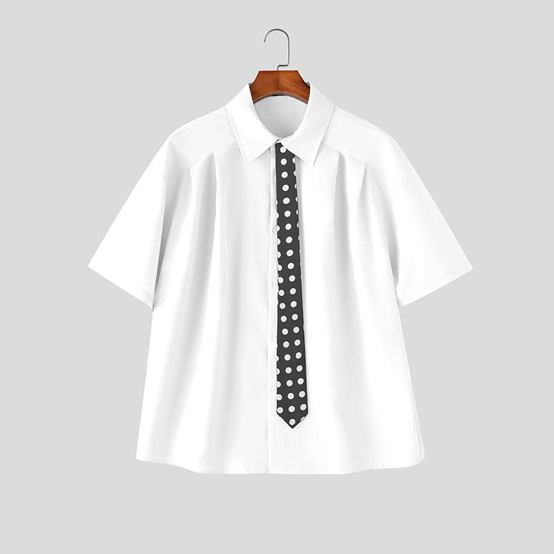 INCERUN Oversized Men Tie Neck Short Sleeve Button Up Casual Loose Shirts Tops