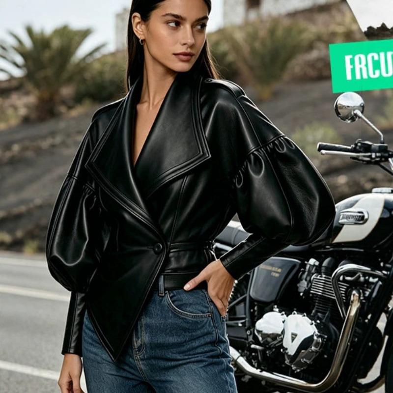 Women Black Faux Leather Jacket Wide Lapel Lantern Sleeve Slim Fit