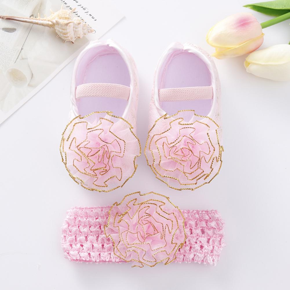 Boty pro novorozence Křest Holčička Krajkové Boty Batole Prewalker Roztomilé dětské měkké boty pro 0-18M s gumičkou do vlasů