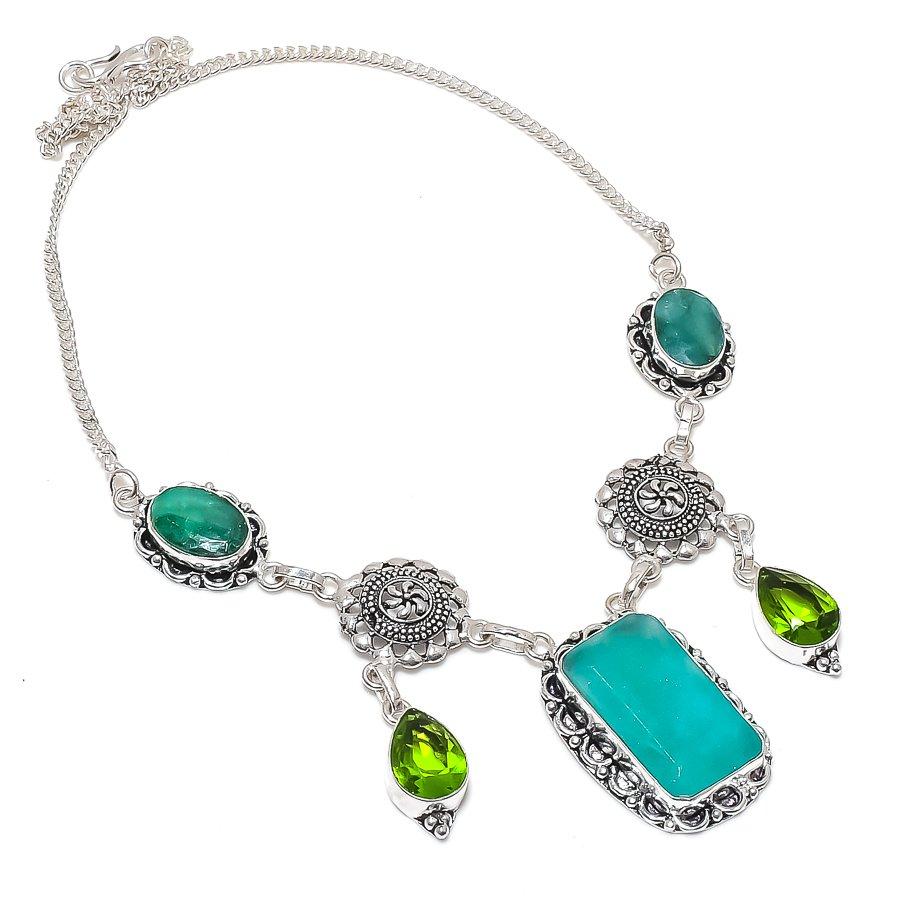 

Emerald(Simulated), Peridot 925 Sterling Silver Necklace 18 L8b44