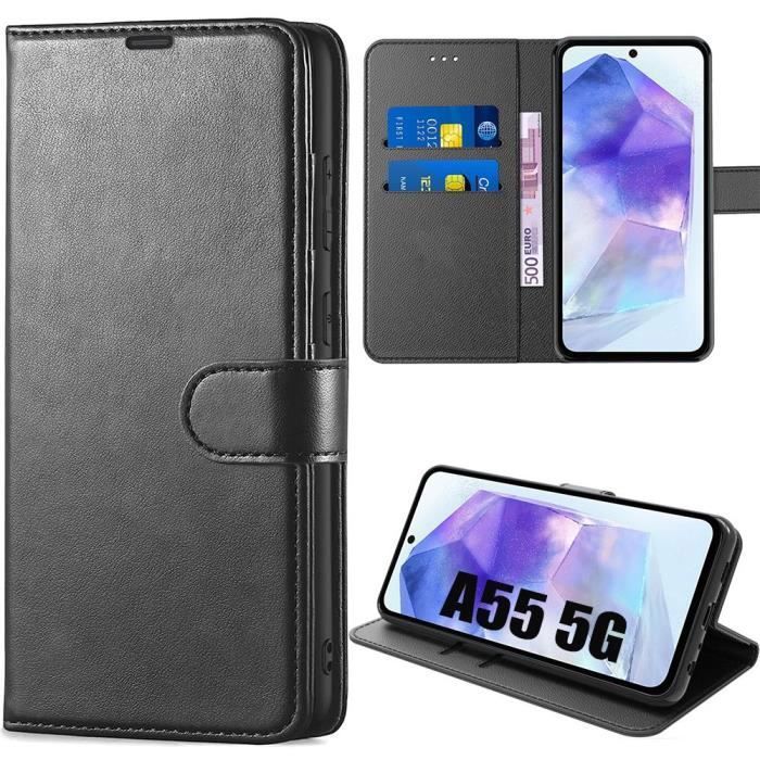 Coque pour Samsung Galaxy A55 5G, Noir, Coque Antichoc en Cuir PU avec Fonction de Porte-cartes