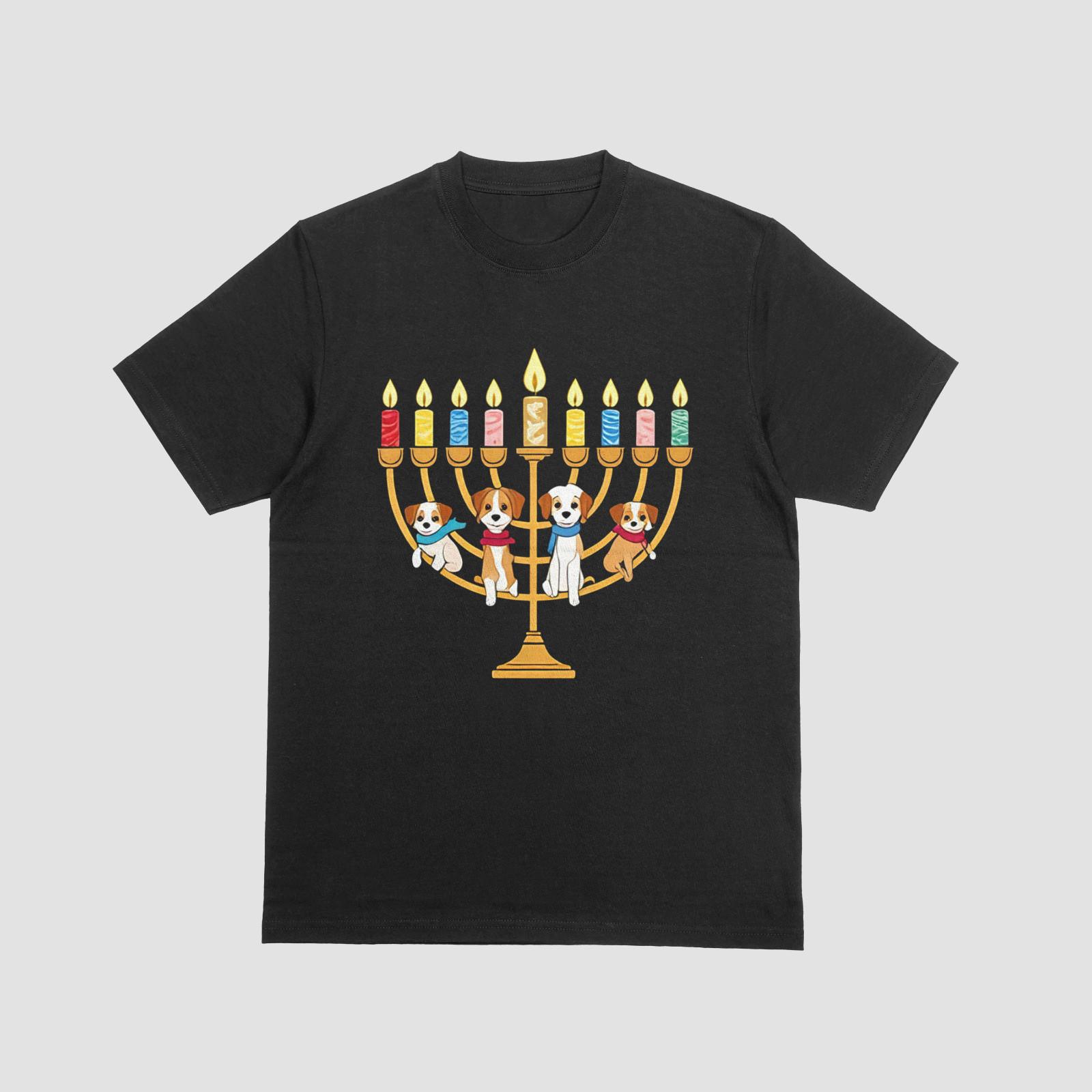 Hanukkah Dogs Menorah T-Shirt Cute Jewish Holiday Puppy Graphic Tee L