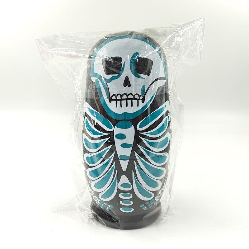 

Русские пятислойные матрешки, игрушки с мультяшным узором черепа на Хэллоуин, деревянные ремесленные украшения