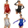 Damen Latin Tango Rumba Cha Cha Kostüm mit Kreuzrücken, funkelndem Pailletten-Fransen-Leotard mit Handschuhen