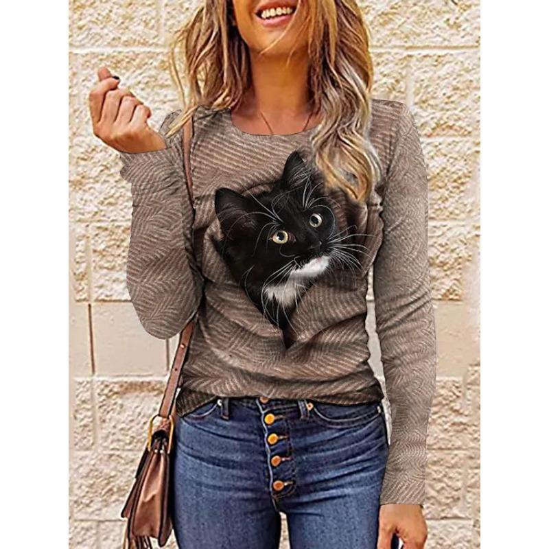 3D Cat Printed T-shirts Fashionable Casual Long Sleeved Women's T-shirts - Soft Medium Stretch Polyester Fabric Spring and Autumn Relaxed Fit Clothing