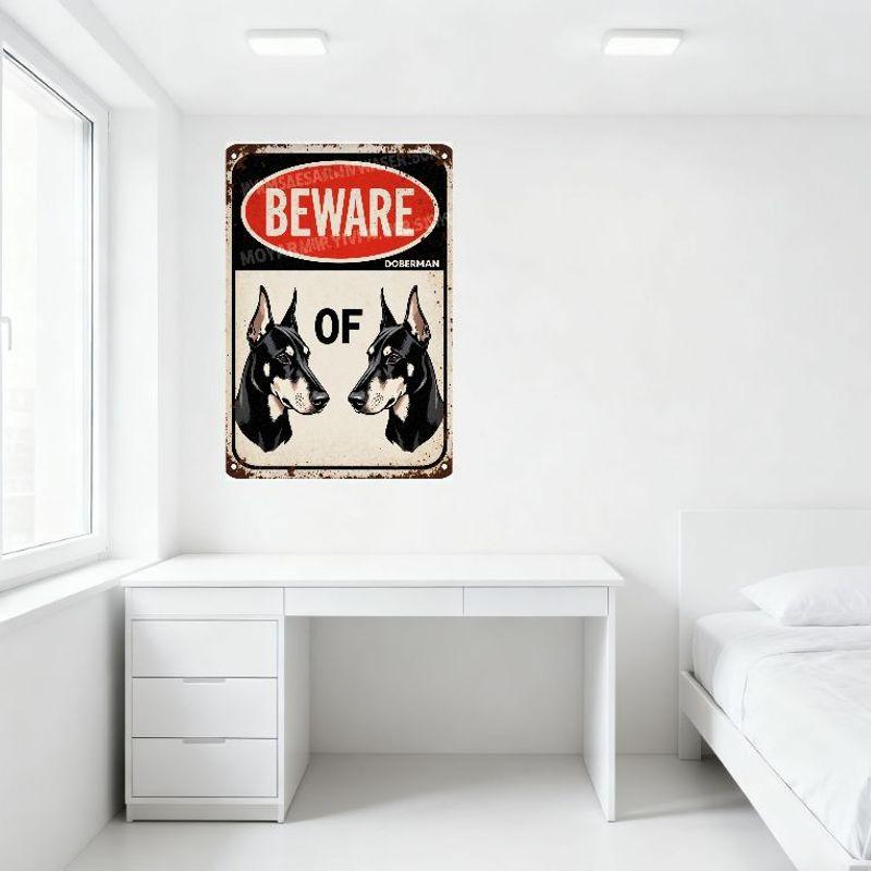 Vintage Rostig Dobermann Varningsskylt i Metall, Akta dig för Dobermann Pinscher Illustration, Gammal Dekorativ Varningsplatta för Man Cave
