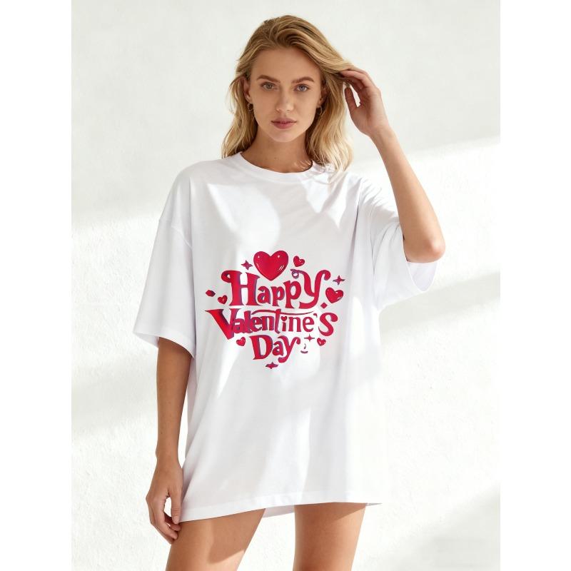 Oversized T Shirt Black Happy Valentines Day Heart Print For Valentine's Day