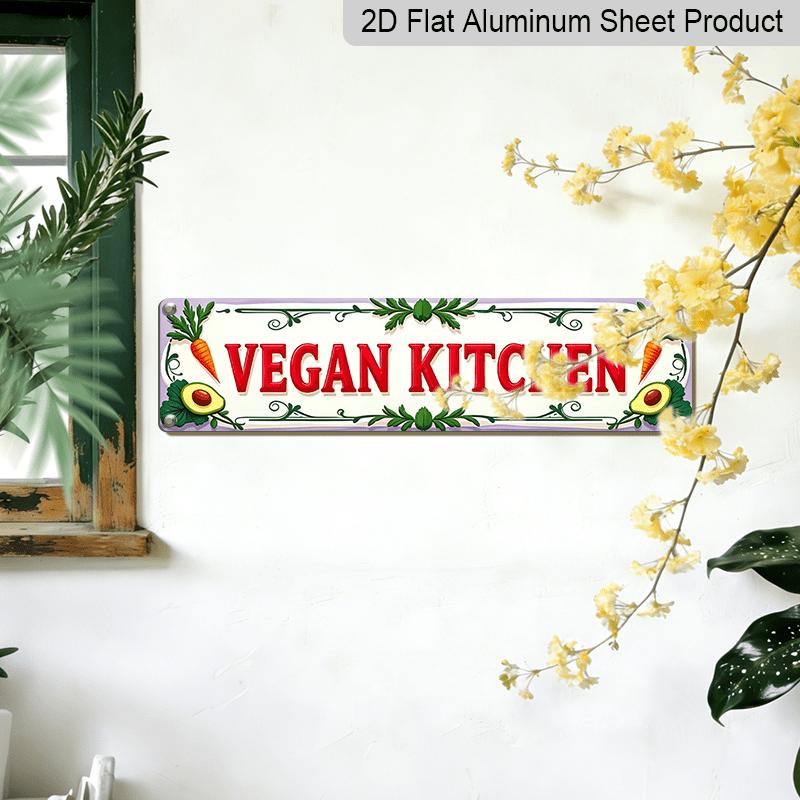 2D Flat, Vegan Kitchen with Vegetables Decoration Metal Sign - Vintage Scratch & Resistant, Wall Art for Home/Cafe, 15.7×3.94inch, 2D Flat Aluminium