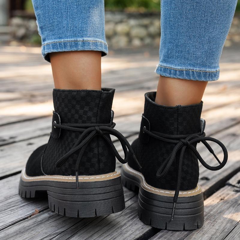 European and American  Large Size Color Matching Short Martin Boots Women's Cross-border Thick Heel Suede Rear Lace-up Thick-soled Knight Boots