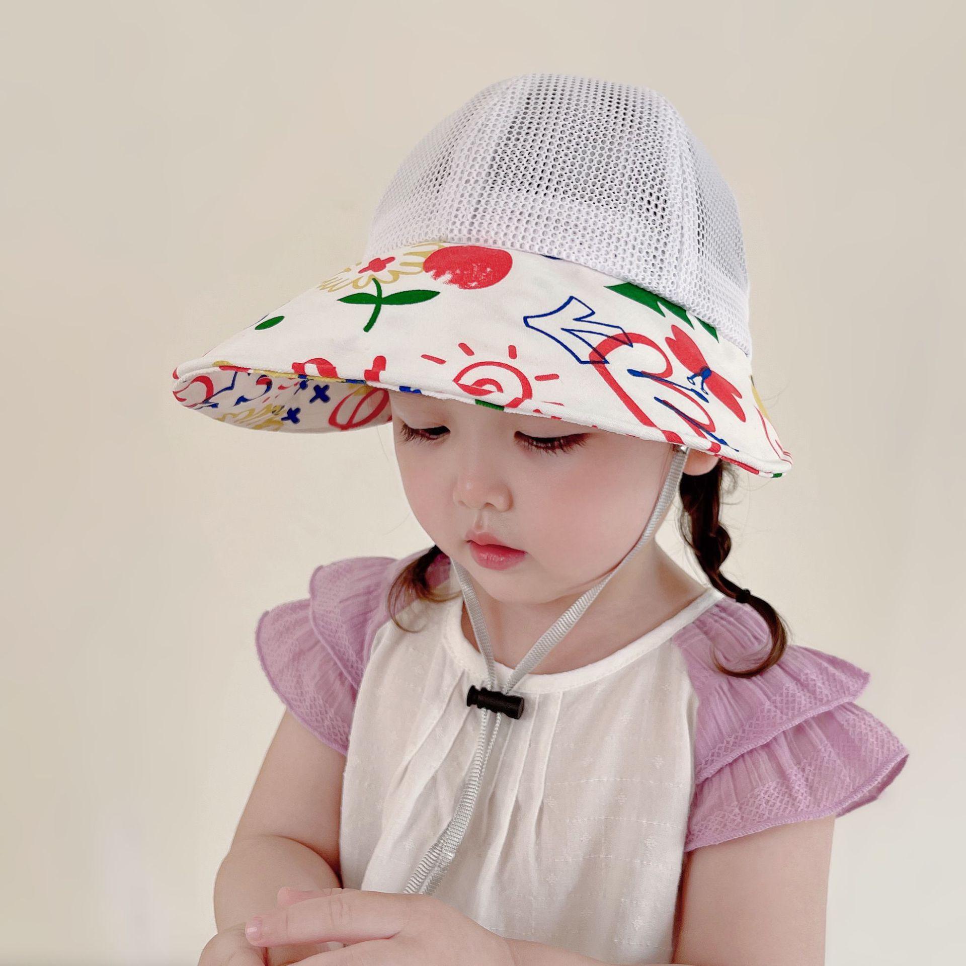 

Girls Sun Hat 48-52cm 1-5 Years Summer Mesh Sun Hat Kids Sunscreen Cap Toddler Breathable Ponytail Cap Girl Graffiti Bucket Hat 48-52cm
