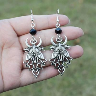Gothic Sliver Color Crescent Moon Moth Hollowed-out Pattern Dangle Earrings for Women Hallowmas Heathen Jewelry Accessories Gift