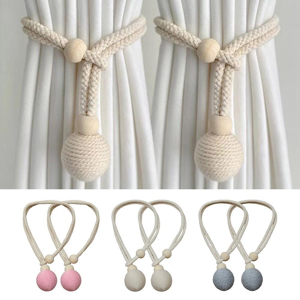2Pcs Set 40cm Bohemia Curtain Tiebacks No-drill Handmade Cotton Linen Curtain Tiebacks Adjustable with Natural Wooden Bead