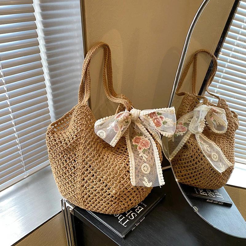 

Solid Crochet Tote Handbag Summer Beach Bag Fashion Women s Mesh Woven Shoulder Bags Large Capacity Knitting Underarm Bag