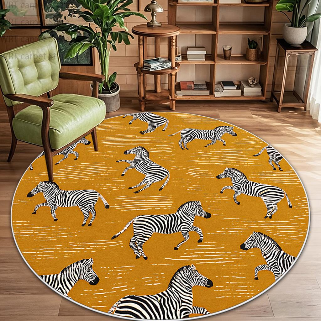 Thickened Children Cute Zebra Round Rug Retro Decor Home Bedroom Living Room Sofa Area Carpet Non-slip Washable Plush Floor Mat