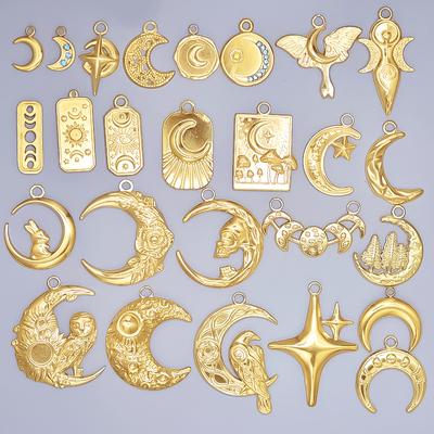 6Pcs Classic Moon Pendant 18K Real Gold Plated Stainless Steel Charms For Jewelry Making Luna Star Owl Witch Charm DIY Breloque