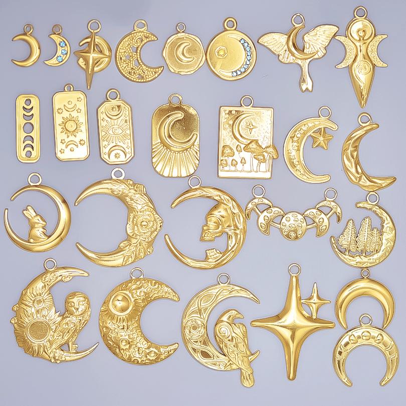 6Pcs Classic Moon Pendant 18K Real Gold Plated Stainless Steel Charms For Jewelry Making Luna Star Owl Witch Charm Diy Breloque