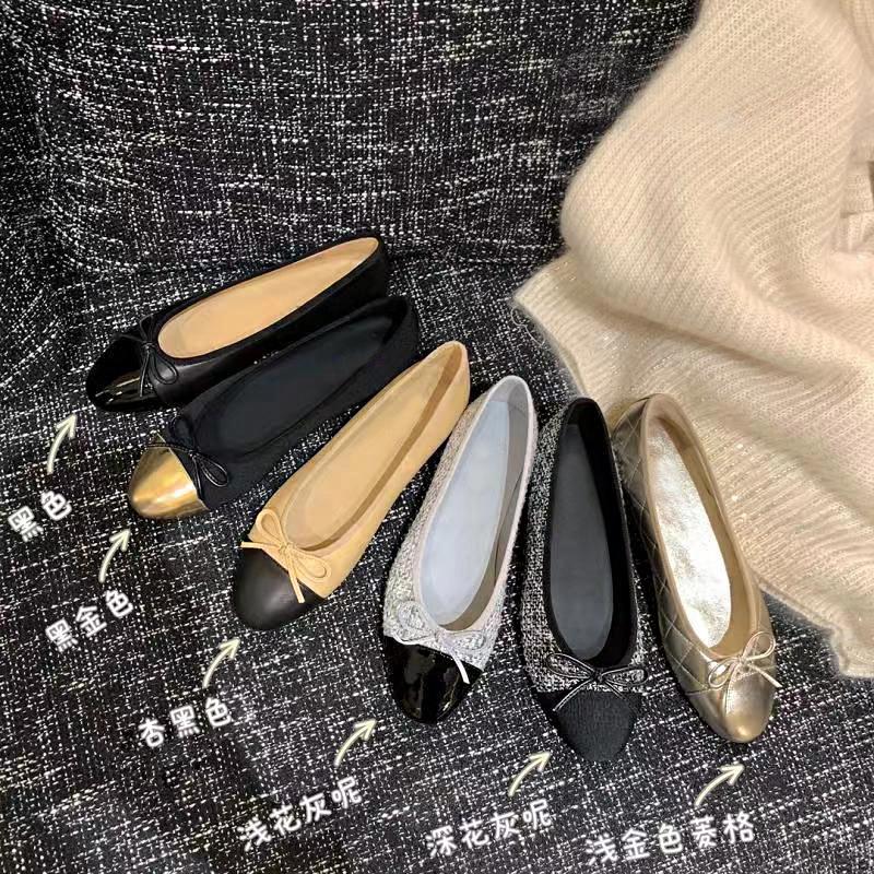 Flat bottomed single shoe women's shallow mouth round toe French bow color blocked ballet women's shoes