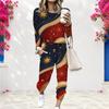 Women Plus Size Two Piece Set Round Neck Long Sleeve Star Printed Navy Red Cuffed Top And Cuffed Pants With Pockets