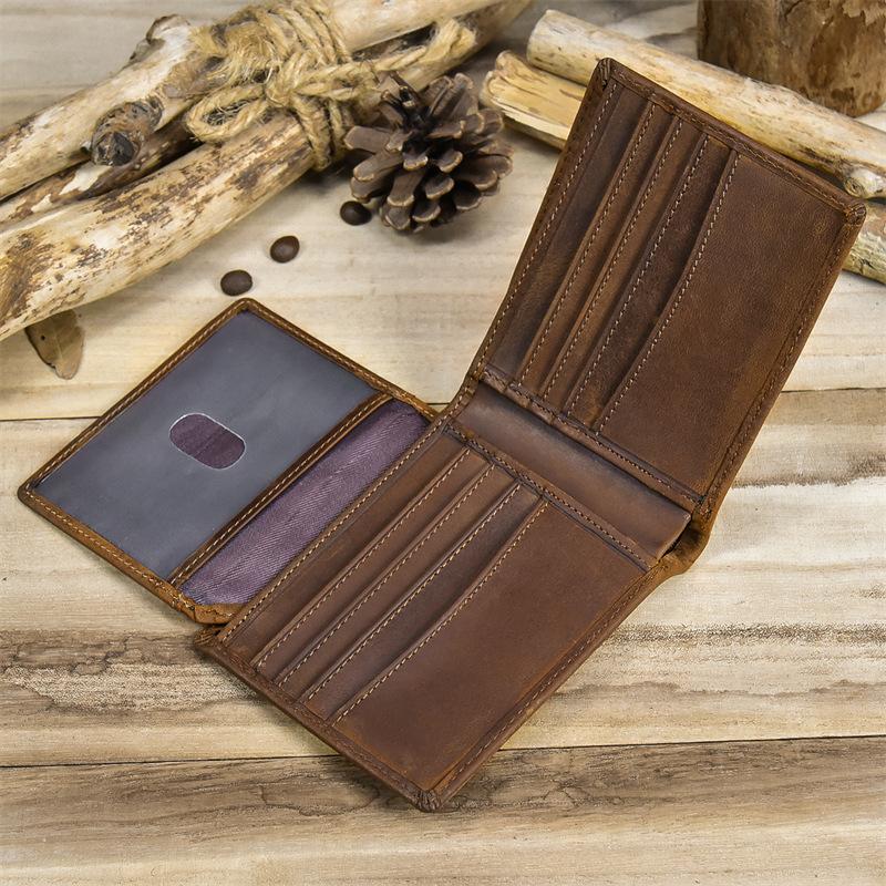 Men'S Leather Short Wallet Crazy Horse Leather Multi-Card 20% Fold Wallet First Layer Cowhide Wallet