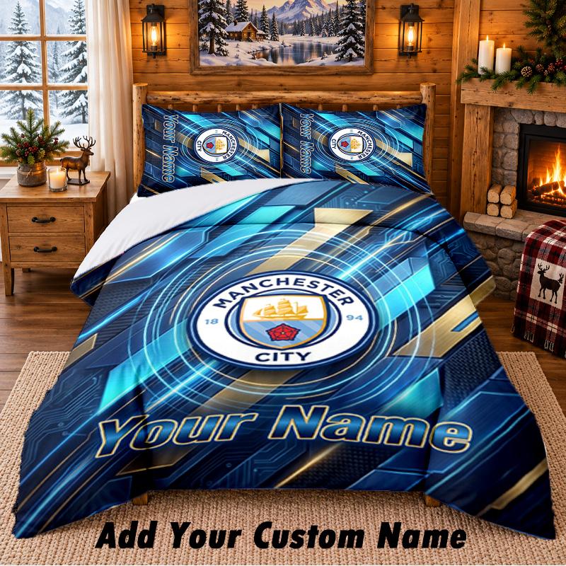 Manchester City Pattern Bedding 3Pcs Set Custom Name, Bed Sheet And Pillowcases For Home Bedroom