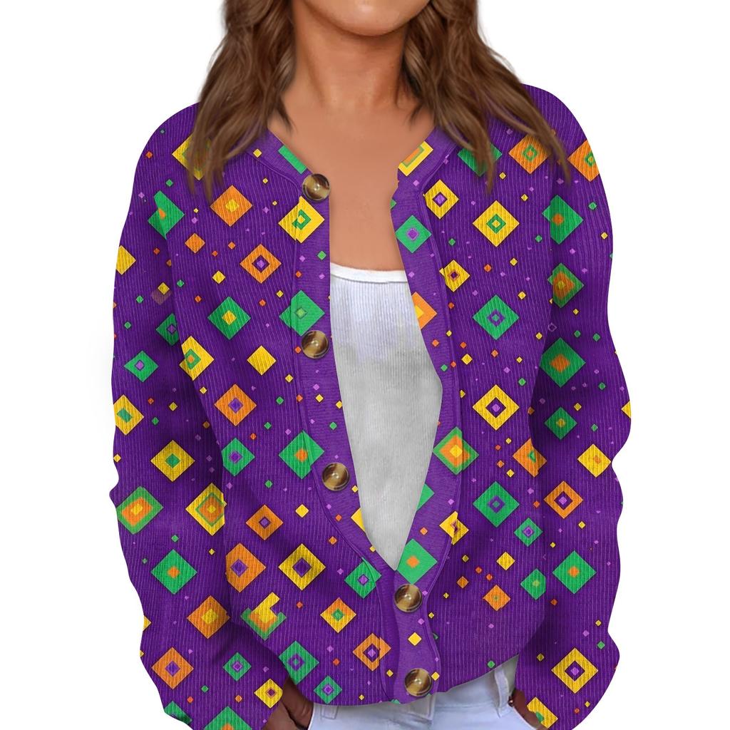 Women's Mardi Gras Print Long Sleeve Knit Cardigan Button Jacket