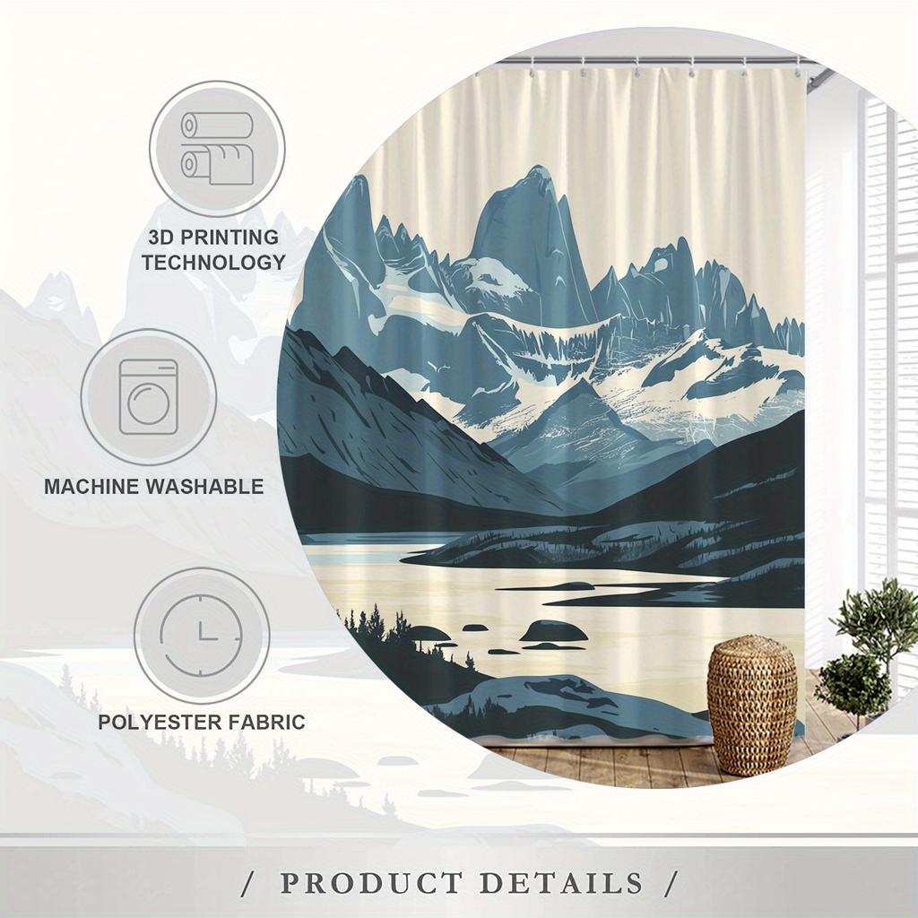 Minimalist Mountain Tranquility Shower Curtain, Snow-Capped Peaks & Lake Design, Polyester, Serene Bath Decor
