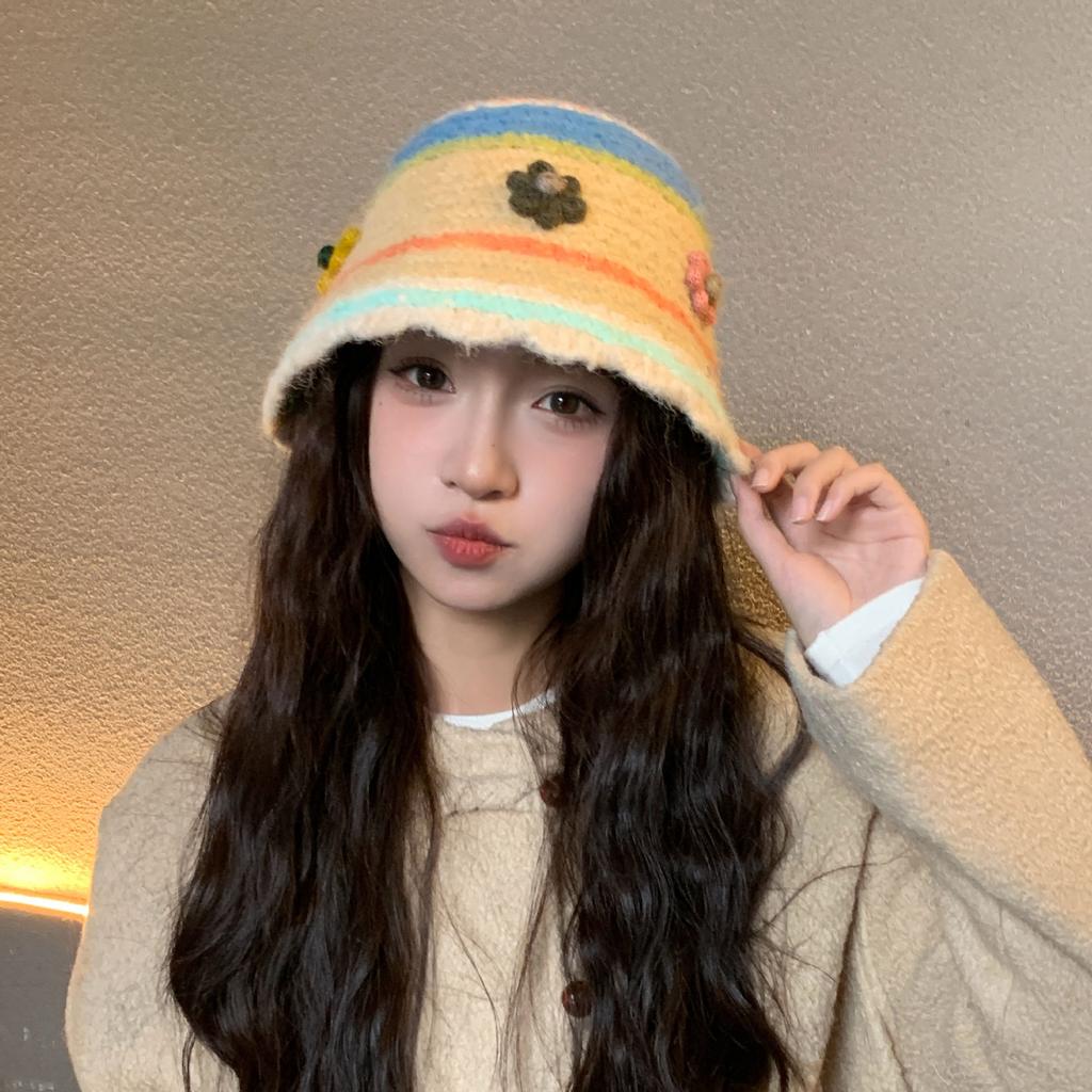 New dopamine color retro handmade warm plush hat women's autumn and winter wool hat knitted bucket hat cold hat