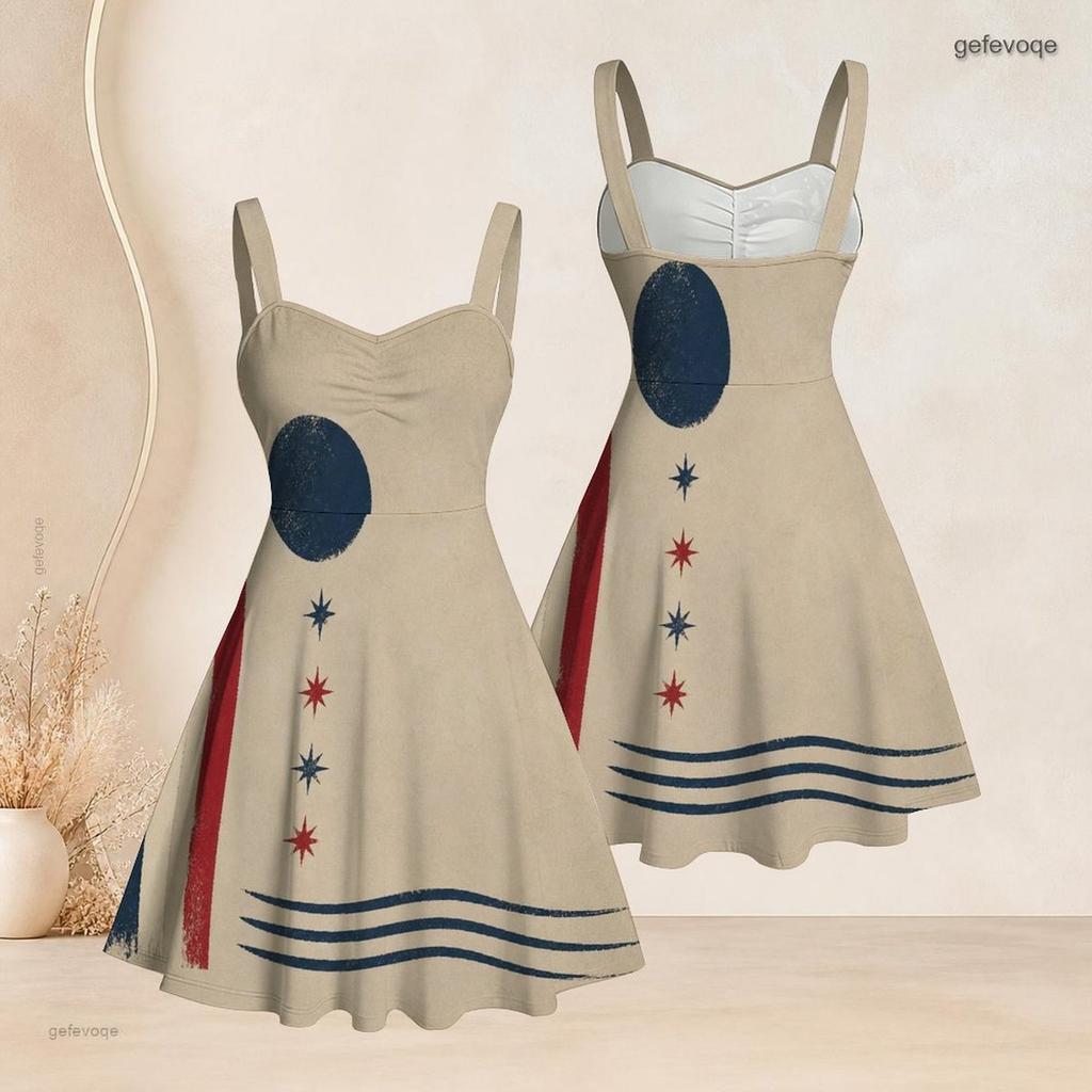 Women Plus Size Off Shoulder Strappy Sleeveless Vintage American Flag Printed Fitted Waist Flared Dress