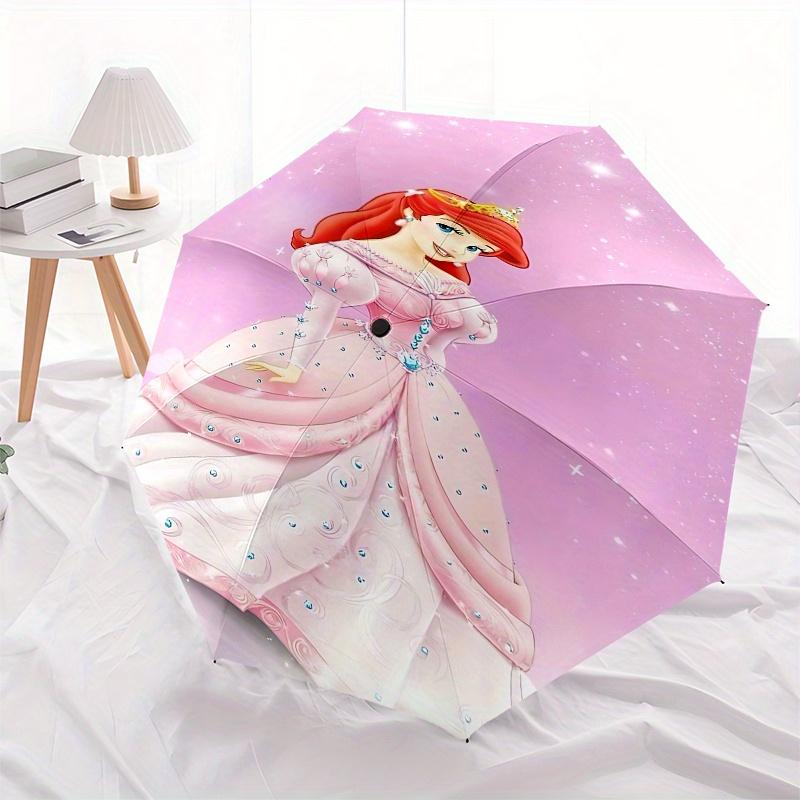 Princess Ariel, Pink Gown Automatic Opening and Closing Umbrella - 8 Ribs Portable Folding Umbrella with Plastic Handle, Suitable for Leisur