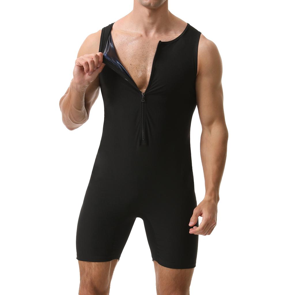 Combinaison Sauna Homme Gainant Body de Course Sweat à Fermeture Éclair Entraînement avec Short Maillot de Corps Fitness Musculation Combinaison d'Exercice Débardeur Combinaison