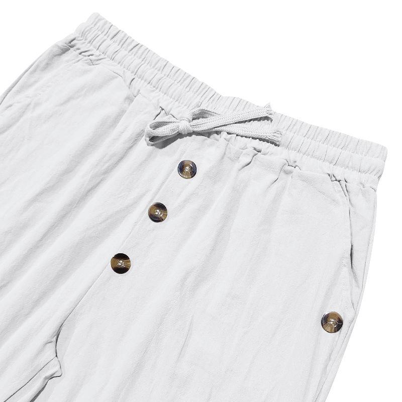 Men's Casual American Style Solid Linen Drawstring Button Straight Leg Pants for Spring and Autumn