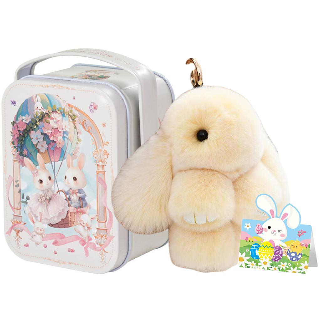 Glückskaninchen Schlüsselanhänger mit Blechdose & Grußkarte Niedlicher Plüsch-Kaninchen Schlüsselanhänger für Taschen Rucksäcke Kaninchen Anhänger Ostergeschenke