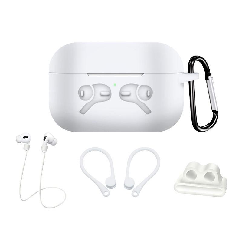 5-in-1 Earphone Case for Airpods Pro Headset Full Protective Soft Silicone Case+Carabiner+Anti-lost Strap+Ear hook+Buckle