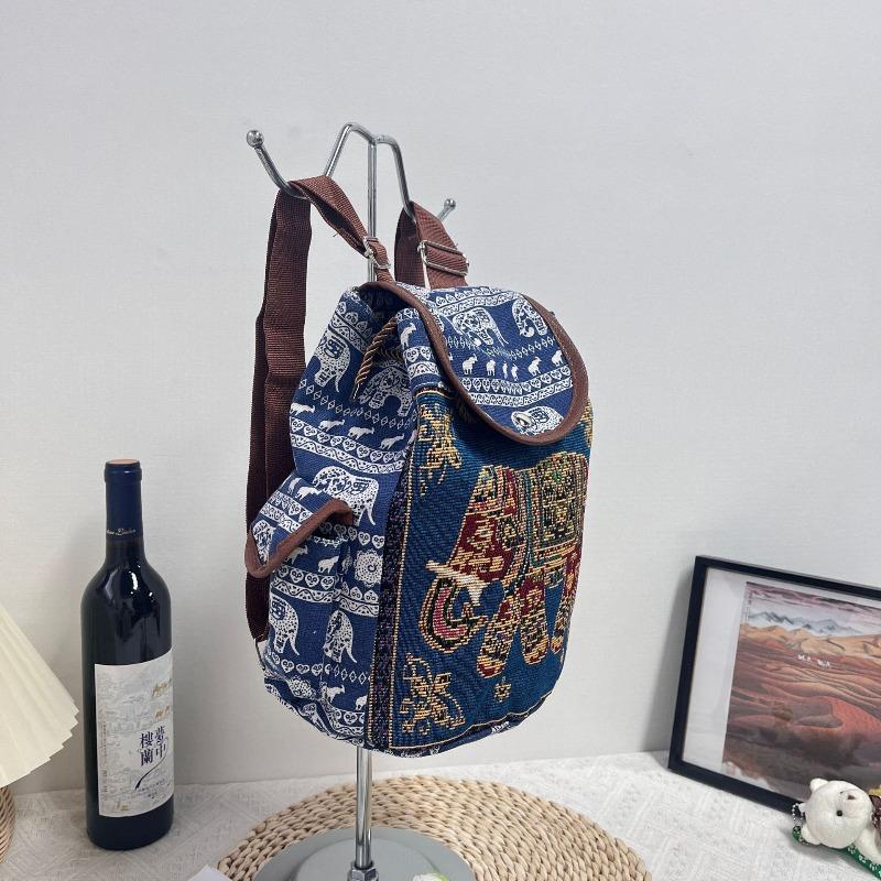 Damen Ethnisch Elefantenmuster Rucksack Leinwand Kordelzug Schultasche Vintage Reise Tagesrucksack Umhängetasche