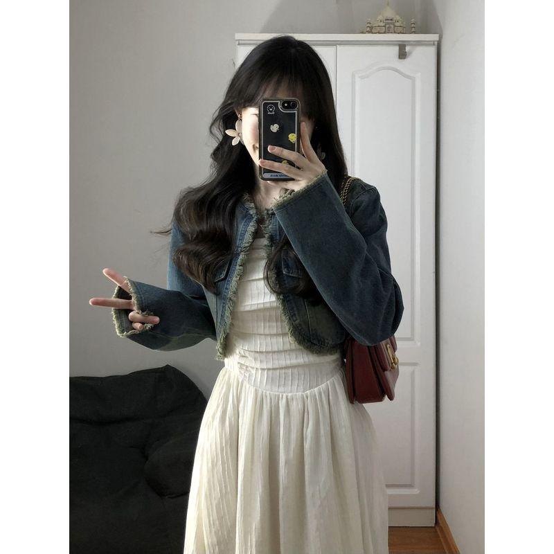 

Ретро Короткое Нишевое Приталенное Длинное Платье Джинсовая Куртка Single White Dress(Quality Edition) S