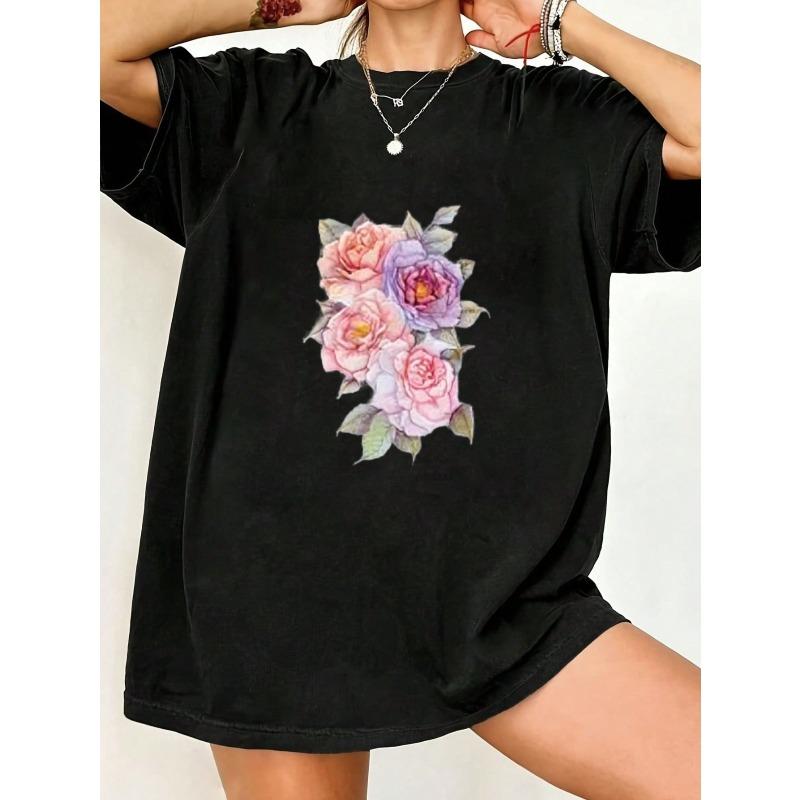 Black Oversized T Shirt With Floral Rose Print For Casual Wear