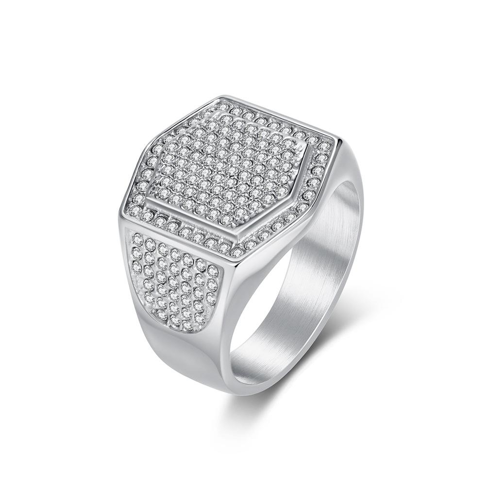 Hiphop Shinny Zircon Hexagon Shaped Ringn for Men Stainless Steel Ring Gold Plated Jewelry