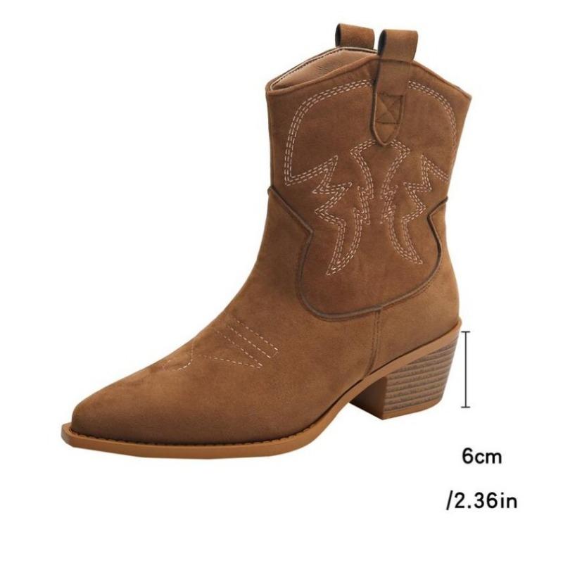 Mode Naturliga Broderade Damstövlar Läder Handgjorda Spetsig Tå Stilettklack Höst Vinterstövlar Cowboy Nya Västern Retro Botas