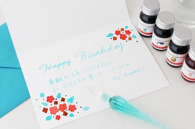 Herbin G.LALO Glass Pen, Handcrafted Tsumugi Blue & Mini Ink Deep Blue (10ml) Set, Founded In 1670 by a Traditional French Brand. Includes a Card and