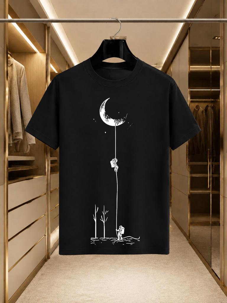 2026 New Arrival 100 Cotton Tshirt Astronaut Climbing Crescent Moon Creative Silhouette Print Crew Neck Tops Unisex Ins Style Loo