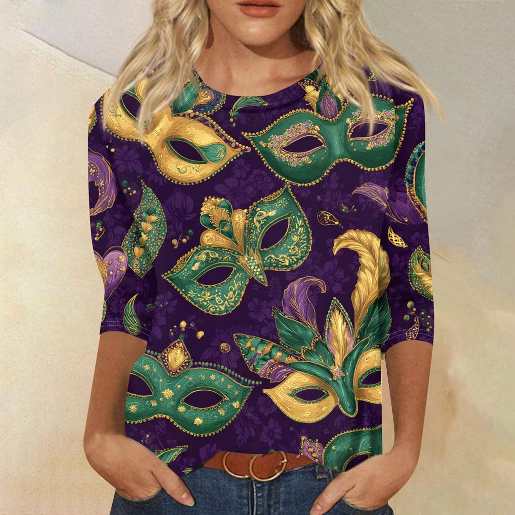 Women's Fashion Casual Round Neck Three-quarter Sleeve Carnival Print T-shirt Top