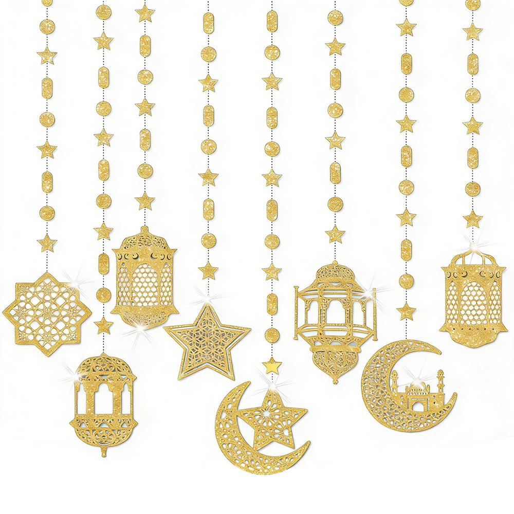 Gold Silver Eid Mubarak Banners Glitter Paper DIY Paper Star Moon Lantern Pull Flag Ceiling Hanging Ramadan Kareem Decor