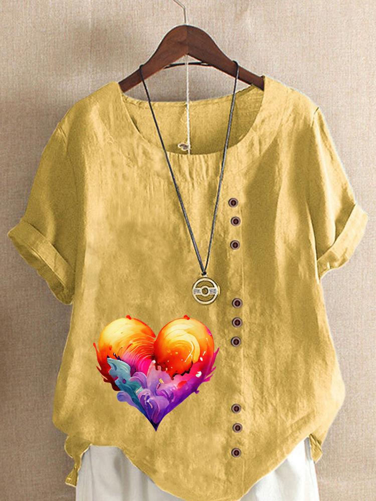 Women's Fashion Flame Love Print Round Neck Short Sleeve T-shirt Summer Casual Cotton Linen Graphic Shirt Leisure Loose Blouse Tops