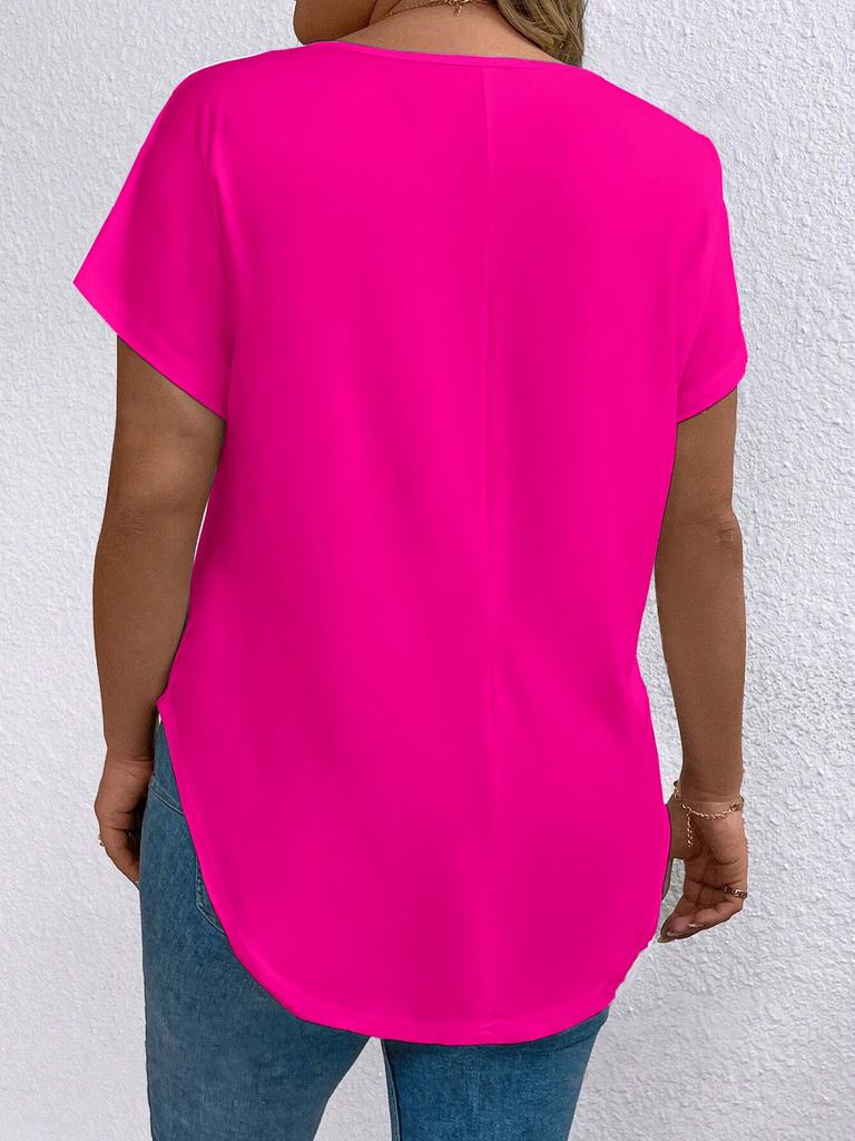 2026 Spring/Autumn Solid Color Plus Size Women's V-neck Short Sleeve Loose Pullover Top